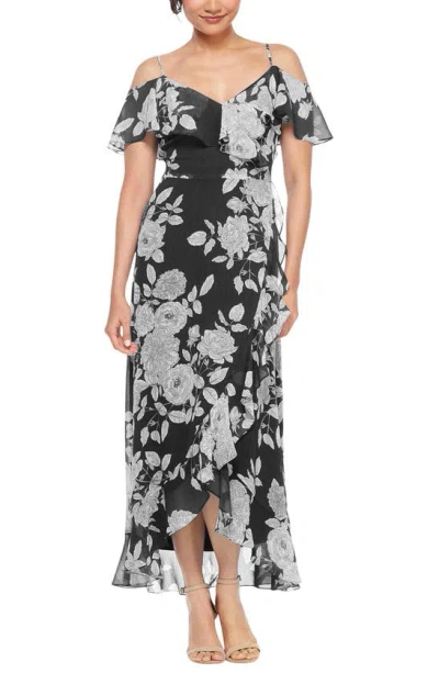 London Times Floral Ruffle Cold Shoulder Chiffon Maxi Dress In Black/ White