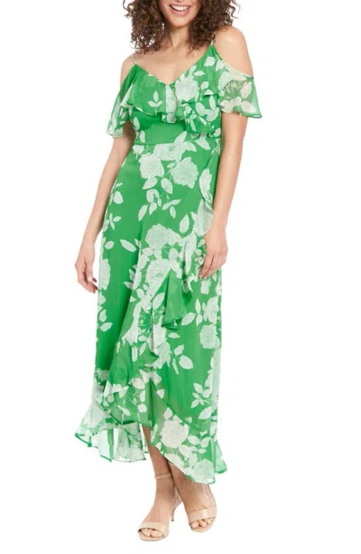 London Times Floral Ruffle Cold Shoulder Chiffon Maxi Dress In Green