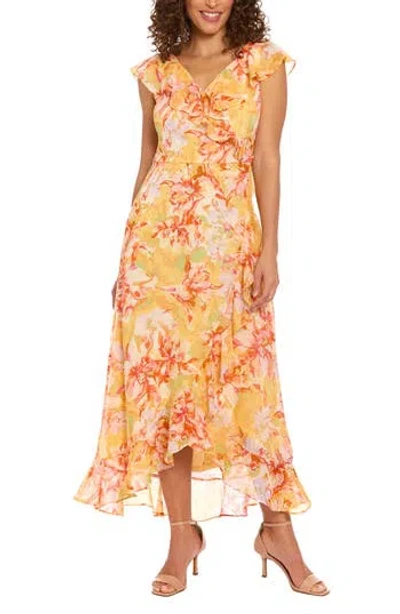 London Times Floral Ruffle Maxi Dress In Yellow Pink
