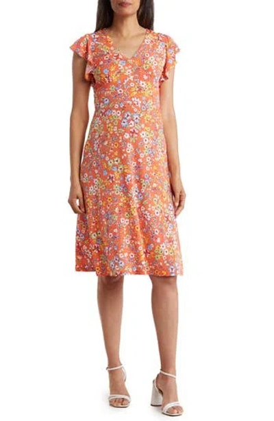 London Times Floral Ruffle Midi Dress In Coral/blue