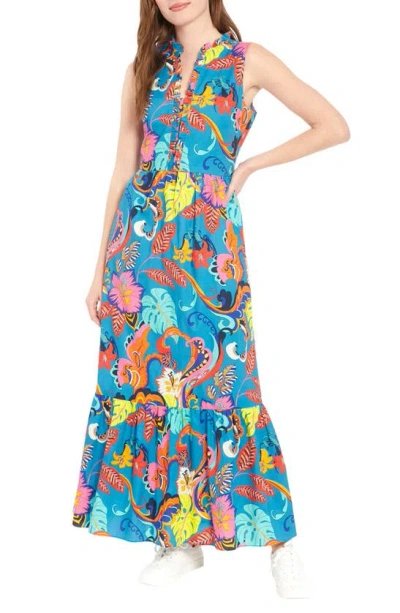 London Times Floral Ruffle Neck Maxi Dress In Blue/ Red
