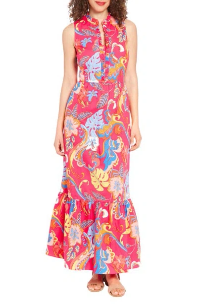 London Times Floral Ruffle Neck Maxi Dress In Pink/ Yellow
