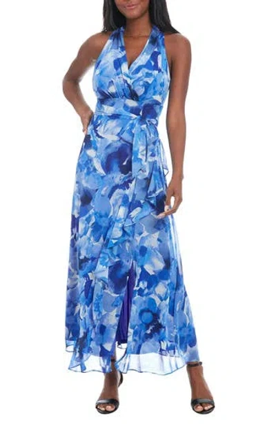 London Times Floral Ruffle Sleeveless Chiffon Maxi Dress In Blue/denim