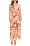 London Times Floral Ruffle Sleeveless Chiffon Maxi Dress In Cream Orange