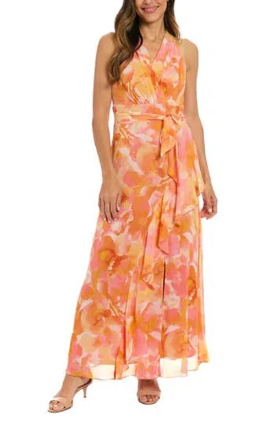 London Times Floral Ruffle Sleeveless Chiffon Maxi Dress In Peach/yellow