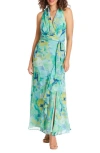 London Times Floral Ruffle Sleeveless Chiffon Maxi Dress In Peri Green