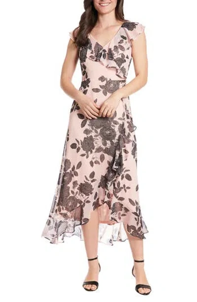London Times Floral Ruffle Sleeveless Faux Wrap Maxi Dress In Blush/black