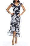 London Times Floral Ruffle Sleeveless Faux Wrap Maxi Dress In Navy/white