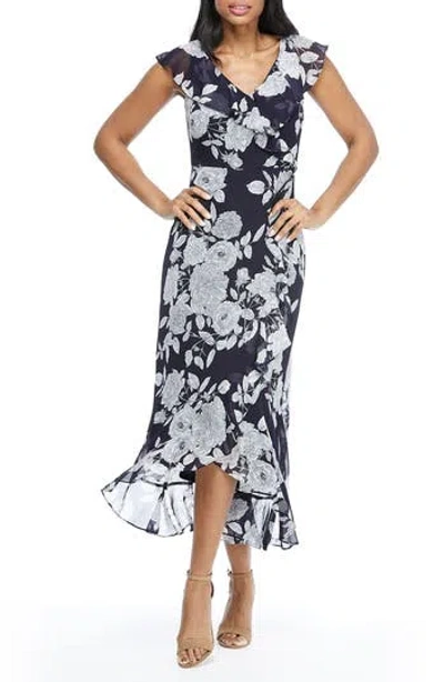 London Times Floral Ruffle Sleeveless Faux Wrap Maxi Dress In Navy/white