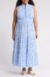 London Times Floral Ruffle Sleeveless Maxi Dress In Blue