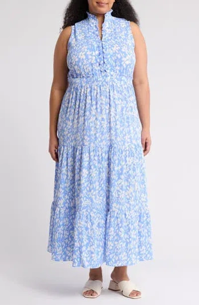 London Times Floral Ruffle Sleeveless Maxi Dress In Blue