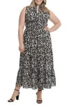 London Times Floral Ruffle Sleeveless Maxi Dress In Black/ivory