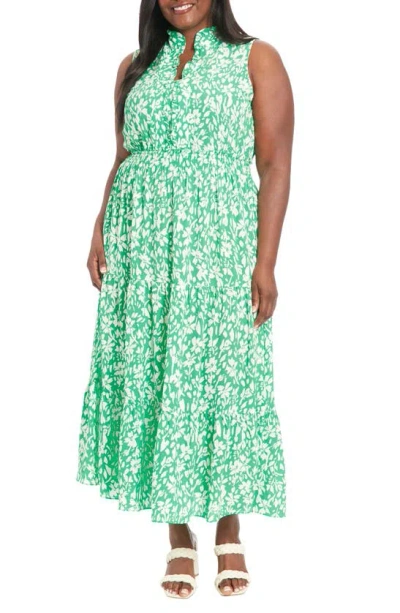 London Times Floral Ruffle Sleeveless Maxi Dress In Light Green/ Ivory