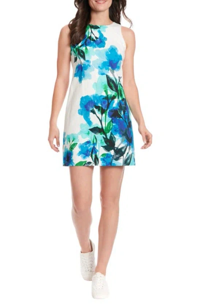 London Times Floral Shift Dress In White/ Blue