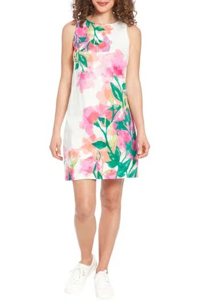 London Times Floral Shift Dress In White,pink