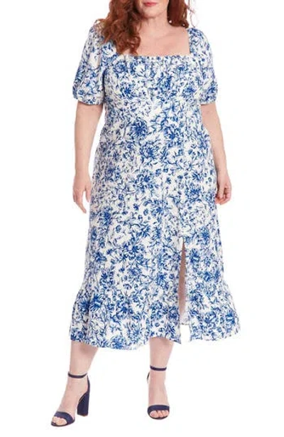 London Times Floral Short Sleeve Empire Waist Linen Blend Midi Dress In Ivory/navy