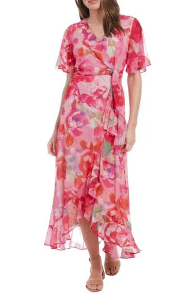 London Times Floral Short Sleeve Faux Wrap Chiffon Maxi Dress In Ivory/fuchsia