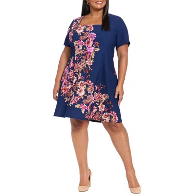 London Times Floral Short Sleeve Fit & Flare Dress In Blue