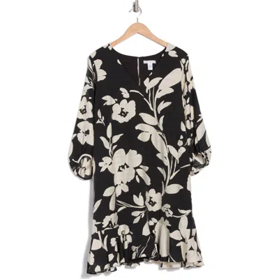 London Times Floral Short Sleeve Flounce Hem Shift Dress In Black Ivory