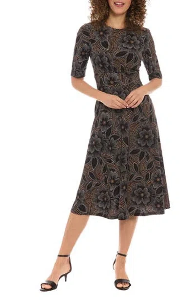 London Times Floral Short Sleeve Inset Waist Midi Dress In Black