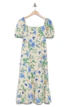 London Times Petite Linen-blend Floral-print Maxi Dress In Cream/dn Blue