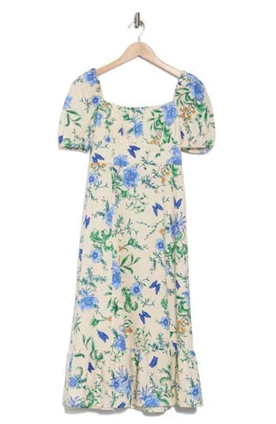 LONDON TIMES LONDON TIMES FLORAL SHORT SLEEVE LINEN BLEND MIDI DRESS