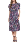 London Times Floral Short Sleeve Midi Dress In Navy Pink