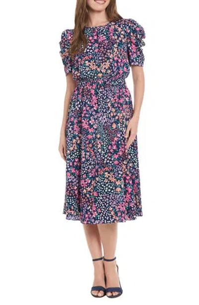 London Times Floral Short Sleeve Midi Dress In Navy Pink