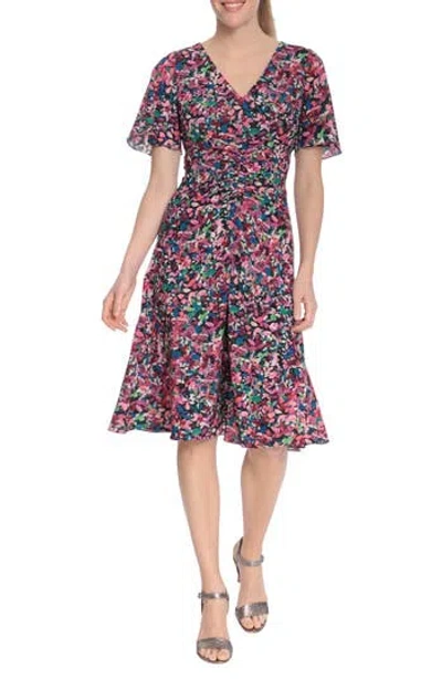London Times Floral Short Sleeve Shirred Midi Dress In Black/pink