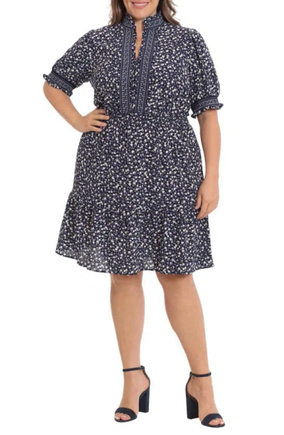 London Times Floral Short Sleeve Smocked Dress In Navy/ White