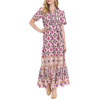 London Times Floral Short Sleeve Tie Waist Tiered Maxi Dress In Multi