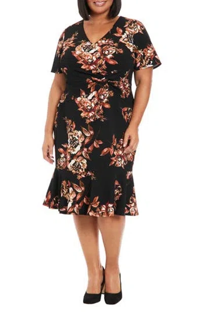 London Times Floral Short Sleeve Twist Front Midi Dress In Black Multi