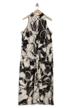 London Times Floral Side Ruched Linen Blend Midi Dress In Multi