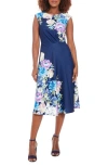 London Times Women's Floral Extended-shoulder Midi Dress In Navy/blush