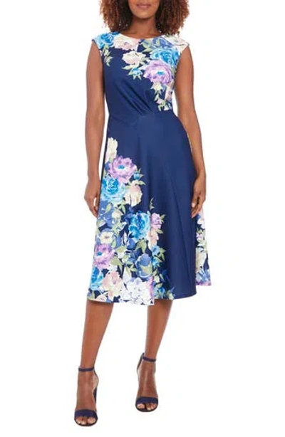 London Times Floral Sleeveless Asymmetric Fit & Flare Dress In Navy/blush