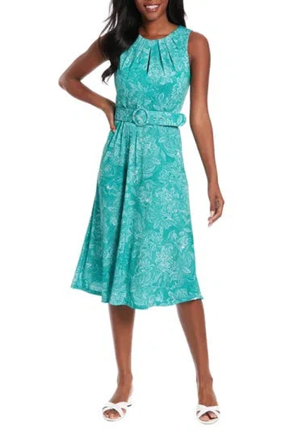 London Times Floral Sleeveless Belted A-line Dress In Green/ivory