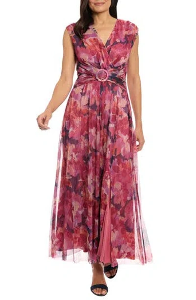London Times Floral Sleeveless Belted Plissé Maxi Dress In Multi