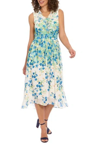 London Times Floral Sleeveless Empire Waist Chiffon Midi Dress In White,blue