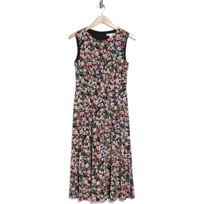 London Times Floral Sleeveless Inset Waist Jersey Midi Dress In Black Multi