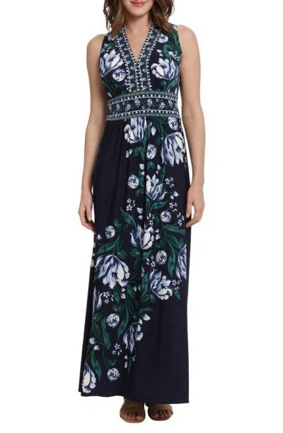 London Times Floral Sleeveless Jersey Maxi Dress In Navy/ Storm