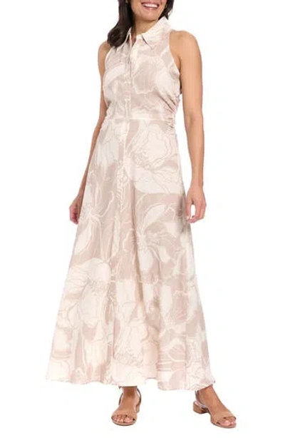 London Times Floral Sleeveless Linen Blend Maxi Shirtdress In Neutral