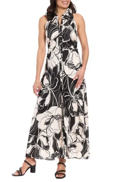 London Times Floral Sleeveless Linen Blend Maxi Shirtdress In Black