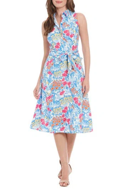London Times Floral Sleeveless Linen Blend Midi Shirtdress In Cream/cornflower Blue