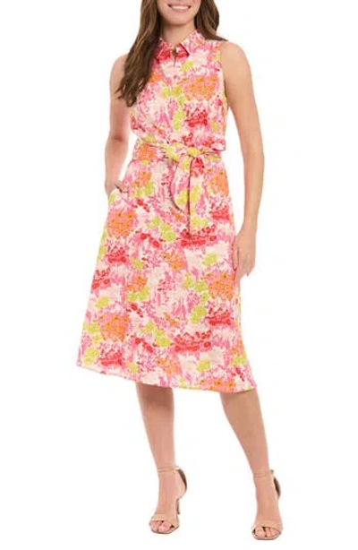 London Times Floral Sleeveless Linen Blend Midi Shirtdress In Pink Multi