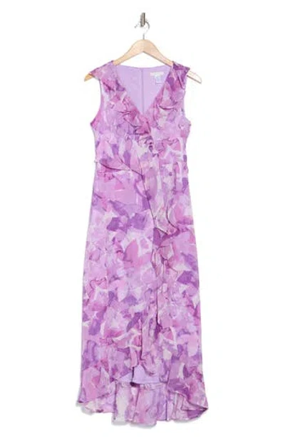 London Times Floral Sleeveless Ruffle Maxi Dress In Ivory/purple