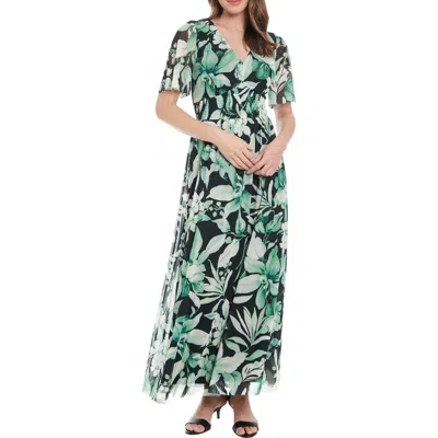 London Times Floral Smocked Flutter Sleeve Mesh Maxi Dress In Black/green