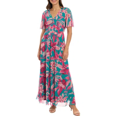London Times Floral Smocked Flutter Sleeve Mesh Maxi Dress In Blue/pink