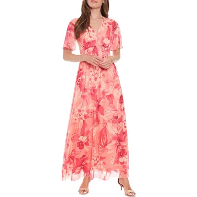 London Times Floral Smocked Flutter Sleeve Mesh Maxi Dress In Orange/pink