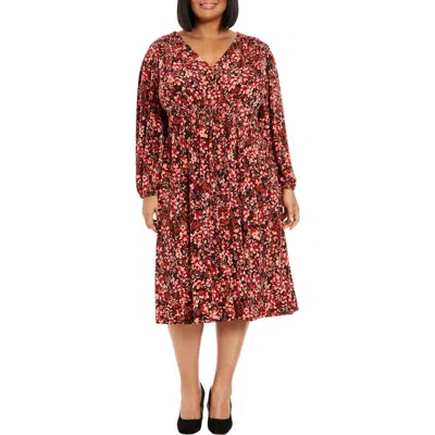 London Times Floral Smocked Long Sleeve Dress In Black Spice