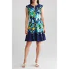 London Times Plus Size Split-neck Floral-print Fit & Flare Dress In Navy/blue